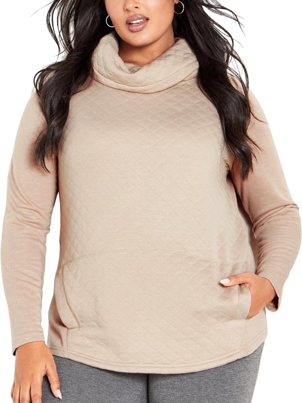 Avenue Quilted Cowl Neck Sweater w/ Lightweight Sleeves & Back - Latte